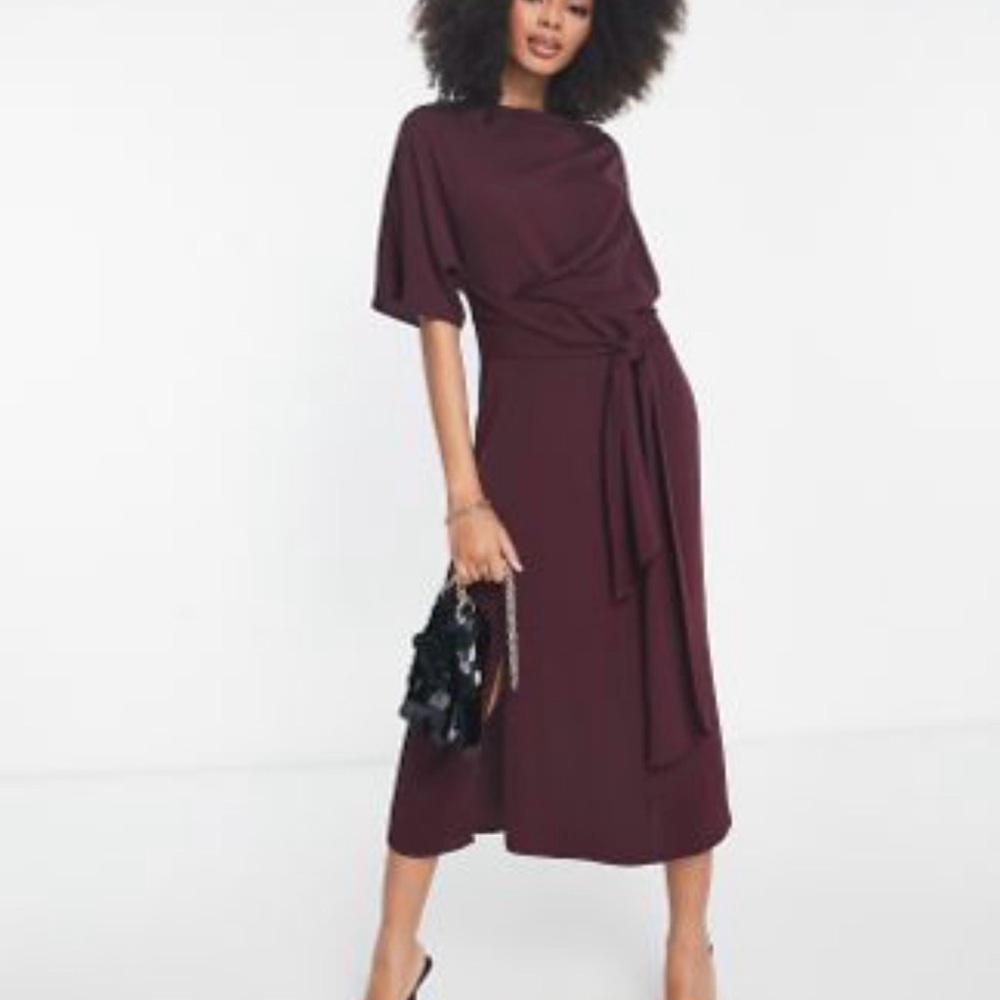 ASOS DESIGN cowl neck midi dress with tie waist in burgundy